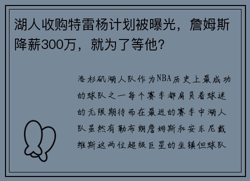 湖人收购特雷杨计划被曝光，詹姆斯降薪300万，就为了等他？