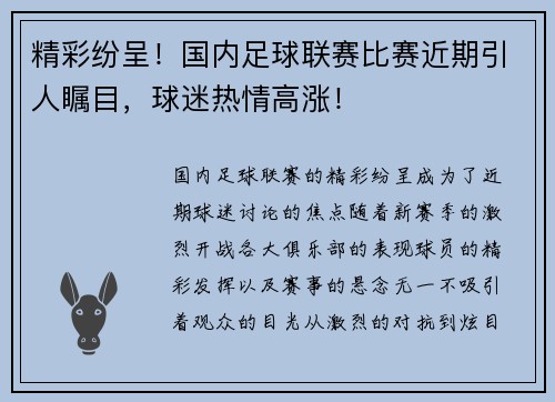 精彩纷呈！国内足球联赛比赛近期引人瞩目，球迷热情高涨！