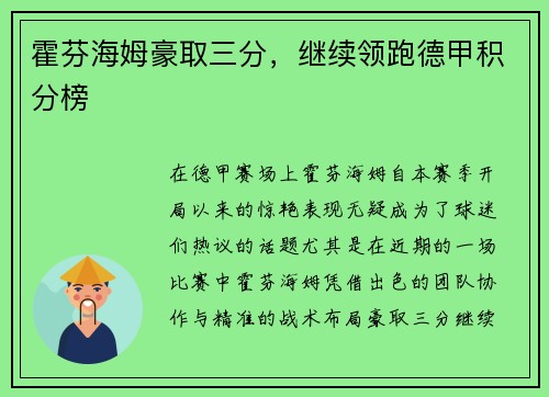 霍芬海姆豪取三分，继续领跑德甲积分榜